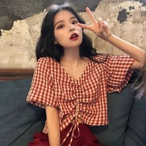 여성 블라우스 V넥 반팔 여름 플리츠 레이스 업 체크무늬 스위트 올 매치 탑 셔츠 우아하고 시크 레저