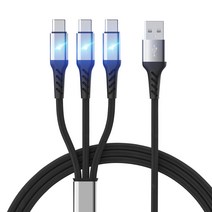 멀티 3in1 USB A to C타입 x3 고속 충전 케이블 LED 플렉시블 70cm, 1개, 블랙, 170cm