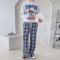 봄 가을 울 모직 체크 와이드 팬츠 / 블랙 네이비 카키