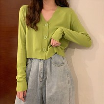 브이넥 니트가디건 아우터 아보카도 그린 상의 타입 여성 숏 얇은 레쉬 블라우스 코트 봄가을 2531785358