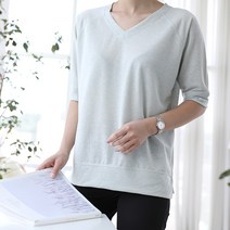 플레이팝 여성용 4컬러 슬릿브이넥 린넨 강연 7부 티셔츠