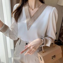 회사원 화이트 하객패션 하객룩코디 직장인 정장 자수 우아한 여름 블라우스 브이넥 봄 면접 레귤러핏 그레이스 골드 30대 [A9F8B78]