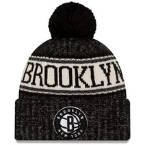 New Era 유니 성인용 NBA 공식 스포츠 니트 사이드라인 커프 니트 폼폼 비니 모자 브루클린 네츠., Brooklyn Nets