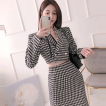 여성 바지정장세트 우영우정장 키작은 빅사이즈 정장바지 빈티지 격자 무늬 가을 투피스 세트 여성 크롭 블레이저 코트 + 패션 스플릿 펜슬 세트