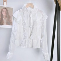 여성 데일리 프릴 캐주얼 여리여리한 화이트 핑크 보라 플리츠 프릴 장식 봄 꽃 자수 스탠드 카라 로맨틱 스커트 판도라 이지아 홍태라 김고은 기은세 차정원 려원 스타일 블라우스