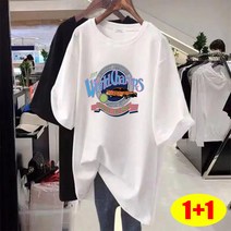 1+1 여성용 오버핏 반팔 롱 티셔츠 루즈핏티셔츠