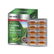 내츄럴플러스 대두레시틴100% 1200 60캡슐 Non-GM 비유전자 포스파티딜콜린130mg함유 캐나다 인지질60% 파우더 두뇌 영양제 혈중콜레스테롤개선에도움 건강기능식품 육류인스턴트음식자주드신는분 건강 유지 증진 필요하신분, 1박스