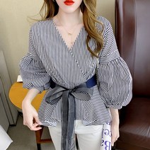 스타일아유 여리여리 랩 브이넥 언발 리본 단가라 퍼프소매 볼륨 블라우스 여성 봄신상 가을 오피스