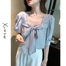 벌룬소매블라우스 여름 프렌치 화이트 나비 결 스퀘어넥 반팔 퍼프 셔츠 반소매 스위트 계열 상의 여성 3803084042