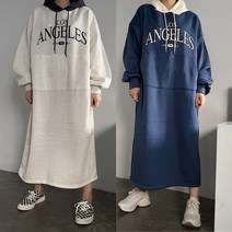 [비비애르] 엘에이 배색 캥거루 후드 기모 롱 원피스 오버핏 포켓 박스원피스 빅사이즈
