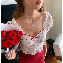 리빙케어 ACAINE 프렌치시크 달콤한 욕구 큐트 소녀 블러킹 스퀘어넥 벌룬소매 리본 톱