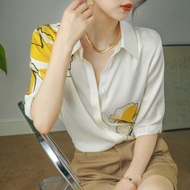 자수 블라우스 여성용 꽃 프린트 반소매 무늬 셔츠 턴 다운 칼라 오피스 레이디 루즈한 쉬폰 넉넉한 여름 패션