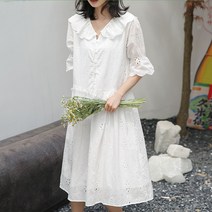 알리팡(Alipang) 여성 봄 여름 반팔 반소매 롱원피스 퍼프원피스 롱드레스 플레어원피스 레이스원피스 레이스 오버핏 둥근카라 퍼프슬리브 퍼프소매
