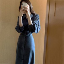 POMTOR POMTOR 봄 슬림 정장 롱원피스 여성용 플레어 셔츠원피스 하객원피스 하객룩
