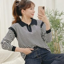 나그랑 배색 스트라이프 니트 카라 티셔츠