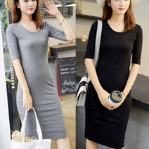 여성 7부 소매 라운드 기본 무지 원피스 슬림 데일리