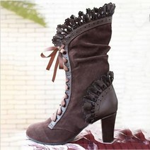 스판 장화 승마부츠 여자 바지 레이스 여자의 높은 뒤꿈치 중간 튜브 부츠 Botas Zapatos Mujer 레트로 가죽 겨울 신발 카우보이 101052