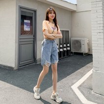 데님 청자켓 청난방 청남방 연청 진청 셔츠 블라우스 Feynzz 5l 레트로 찢어진 하이 웨스트 반바지 여름 스트레이트 느슨한 넓은 다리 5 점 바지 패션 트렌드