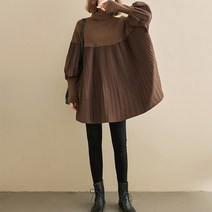 티티웍스 중년여성 터틀넥 벌룬 A라인 플리츠 롱니트