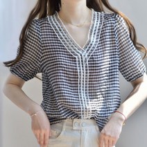 고방 체크 시수르 셔링 여름 반팔 블라우스