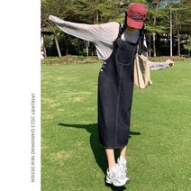 멜빵 청 치마 여성 롱 스커트 데님 서스펜더 봄과 가 미디 드레스 인터넷 연예인 느슨한 임