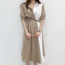 가이아 여성 언발런스 여름 카라넥 롱 원피스 봄 가을 셔츠형 원피스 네이비 베이지 10대20대30대40대_7001