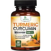 BioPerine & 후추 함유 강황 커큐민 95% 2600mg 천연 관절 염증 지원 최대 흡 강황 추출물 보충제 240 캡슐, 1병, 60개(1팩)