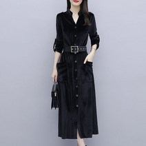 FANSYLI 가을원피스 패션 벨벳원피스 롱 브이넥 슬림원피스 30대 40대 여성 봄가을 겨울 긴팔 통근원피스 배송벨트 빅사이즈 X9S21