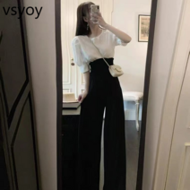 vsyoy 작은 향기로운 바람 투피스 정장 여성의 2023 봄과 여름 새로운 고급 흰색 셔츠 전문 높은 허리 넓은 다리 바지