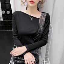 시크온미 스팽클 반짝이 사선 넥 슬림핏 쫄티 검정 이너 가을 긴팔 티셔츠