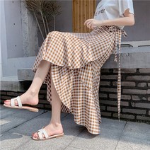 여성 체크 랩 스커트 롱 리본