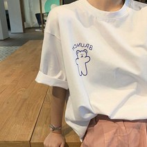 예쁜 프린팅 티셔츠 여자 학생 오버핏 반팔티 예쁜티셔츠 귀여운 여자 교복레이어드티 반팔
