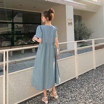 블루 레트로 데님 드레스 여성 중간 길이 2023 여름 새로운 프랑스 스타일 가볍고 친숙한 바람 무릎 라인 스커트 퀸잇 시크릿라벨 쥬시쥬디