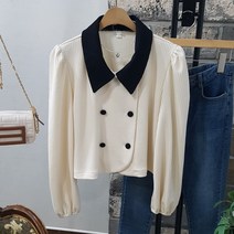 상상그이상 여성용 국내제작 와플 카라 블라우스 소재 여성스런 투버튼 배색 포인트 단정한 베이직 컬러 편안한 긴팔셔츠 하객룩 코디추천