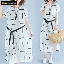 퀸앤조이 미녀77 테이프 패턴 허리끈 린넨 반팔 롱원피스***판매자 SSK무역***