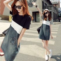 바비썬 S622 블랙그레이 배색 여성 봄 여름 청원피스 미니 원피스 반팔티셔츠원피스루즈핏 박시 빅사이즈 티