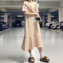 VANANA2 러블리 프릴 넥 여성 반팔 롱 플레어 원피스 베이지