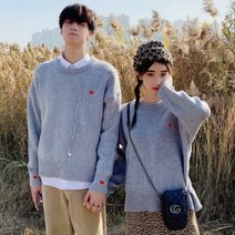 더파라조 니트티셔츠 하트무늬 남여공용 커플룩 남여시밀러룩 코디