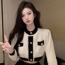 트위드 자켓 여성 Y2k 카디건 오피스 레이디 니트 스웨터 긴 소매 버튼 슬림크롭 탑스 패션 의류 가을 시크