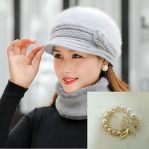 비바브 중년 여성 엄마 할머니 꽃코사지 털모자 + 브로치세트