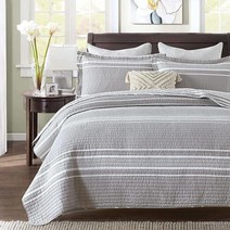 SahSahCasa 퀼트 킹 사이즈 세트 100% 면 침구 침대보 침대용 경량 양면 스트라이프 핀스트라이프 사계절용 그레이/화이트 3피스, King(98 x106 )_Gray/White