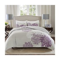 Comfort Spaces CS14-0066 Enya 3피스 이불 커버렛 침대보 울트라 소프트 플로럴 프린트 패턴 침구 세트 킹 퍼플-그레이