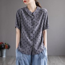 하녀 모시 상의 감령 도트 면 린넨 반팔 셔츠