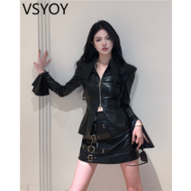 vsyoy 검은 가죽 우아한 셔츠 여성용 봄 스파이스 소녀 틈새 지퍼 타이트 허리 슬림 셔츠 탑