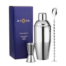 Arora 3피스 바 도구 세트 - 실버 색상 - 680.4g(24온스) 코블러 칵테일 쉐이커 지거 젓개 (851098)