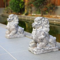 고대 아시안 해태 장식 돌 사자 동물모형 잔디 정원 장식, 2개 세트