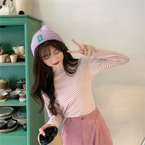 속티 가을옷 여자스웨터코디 반 목폴라 롱 소매 줄무늬 니트 톱 2737467743