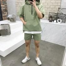용된다 남성용 반집업 후드 아노락 반팔 반바지 트레이닝복 세트