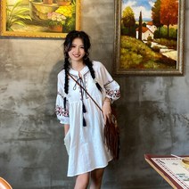 보헤미안 태슬 에스닉 자수 여행 빈티지 초롱소매 바캉스 원피스 윈난 스커트녀