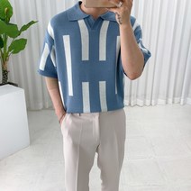 남자 썸머 데일리 미니멀 룩 스틱 오픈 카라 반팔 니트 티셔츠